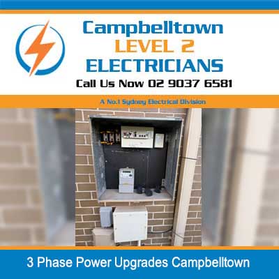 3 phase electrical meter box and distribution board installed in brick wall recess in Campbelltown