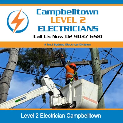 Level 2 electrician in elevated platform working on power lines in Campbelltown