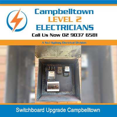 Electrical switchboard upgrade enclosure showing meters and circuit breaker panels in Campbelltown